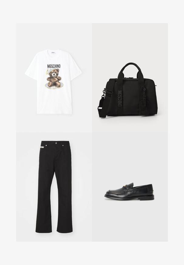 Bílý bavlněný tričko s grafikou hnědého medvěda na talíři, který má na hlavě modro-zlatou misku. Nápis "Moschino" nad designem.; Černé bavlněné kalhoty s rovnými nohavicemi, s předním zapínáním na knoflík, dvěma bočními kapsami a malou značkovou nášivkou na pásku.; Černé kožené loafers mají zaoblenou špičku, šité detaily a malý zlatý akcent na přední straně. Podešev je plochá a nenápadná.; Černá textilní taška s dvojitými uchy a odnímatelným popruhem na rameno. Disponuje embosovaným logem a koženou visačkou. Hladká textura, obdélníkový tvar.
