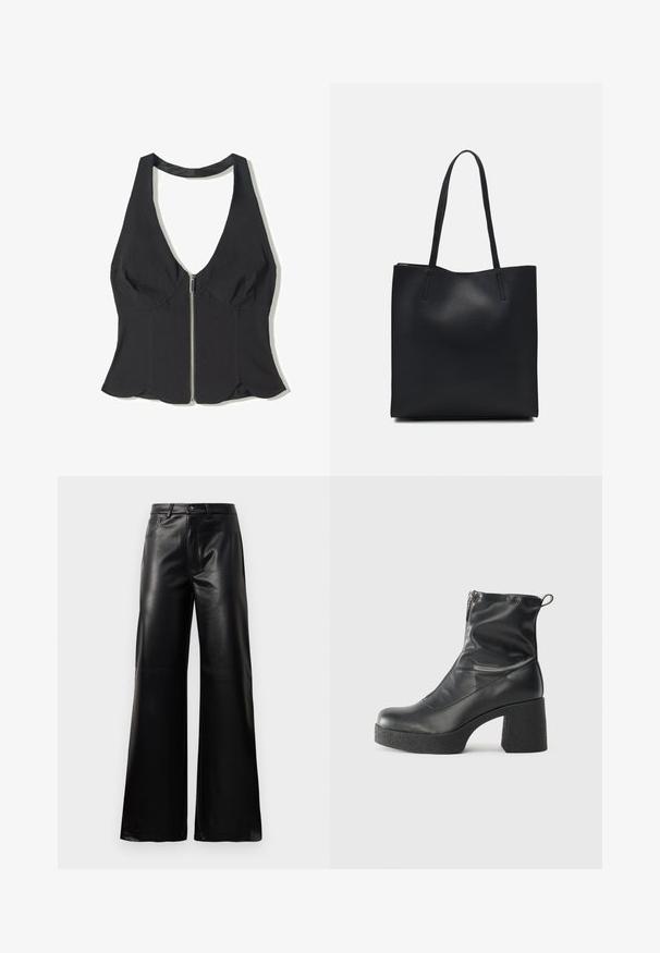 Top nero a halter in tessuto con scollatura a V profonda, dotato di una zip frontale e orlo scallopato alla base. Senza fantasie o dettagli.; Pantaloni ampi a vita alta in ecopelle neri con bottone frontale, chiusura con zip, passanti per cintura e tasche laterali su sfondo bianco.; Stivali neri alla caviglia in pelle liscia, con zip laterale, tacco spesso e texture, e punta arrotondata.; Borsa tote in pelle nera con texture liscia, forma rettangolare e due manici lunghi. Nessun hardware o decorazione visibile.