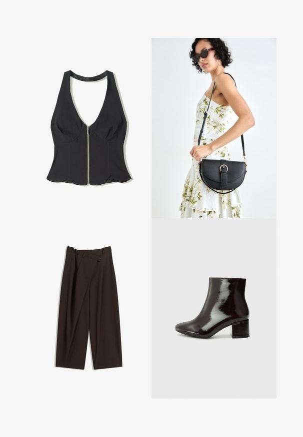 Sort halterneck top lavet af stof med en dyb V-udskæring, der har en lynlås foran og en scallop-kant i bunden. Ingen mønstre eller detaljer.; Mørkebrune brede bukser med høj talje, udstyret med en enkelt knaplukning og en plisseret front. Lavet af letvægtsstof.; Sorte patenterede læder ankelstøvler med spids tå og en chunky hæl. Glat tekstur med en subtil glans og rene linjer, minimalistisk design.; Sort læderhåndtaske med en buet form, aftagelig rem og guldfinish. Tasken har en klap med en spænde detalje.