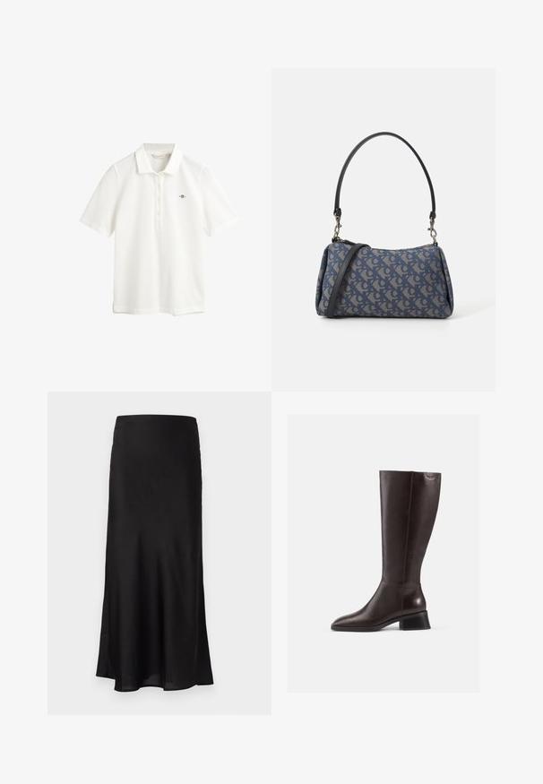 GANT SLIM FIT - Poloshirts - eggshell; Sort satin maxi nederdel med en glat overflade, let udvidet form og en subtil glans. Ingen synlige hardware eller udsmykninger.; Brune læderstøvler til knæene med en glat overflade, rund tå og en stablet sort hæl. Simpelt design med minimale hardwaredetaljer.; Blå mønstret håndtaske lavet af stof, med en buet form, sort læderrem og logodesign i en lysere skygge.