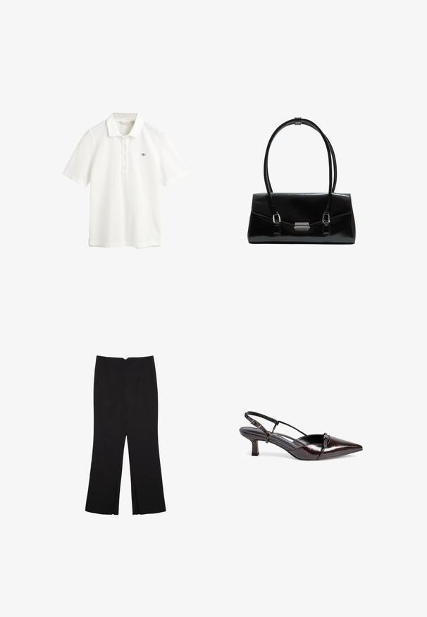 GANT SLIM FIT - Poloshirt - eggshell; Zwarte broek met een rechte pasvorm, voorzien van zijzakken en plooien aan de onderzijde. Gemaakt van zachte, gladde stof. Geschikt voor verschillende gelegenheden.; Bruine gepatineerde leren slingback pump met een spitse neus, kleine blokhak, kruisbandontwerp en decoratieve strikdetail aan de voorkant.; Zwarte leren handtas met een slanke, rechthoekige vorm. Heeft een gladde textuur, twee handgrepen en een zilveren sluiting.