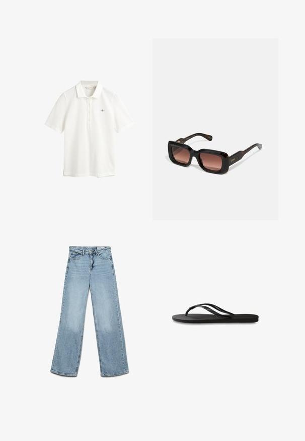 GANT SLIM FIT - Polo - eggshell; Jean large bleu clair, en denim, avec un design classique à cinq poches et une coupe droite avec un délavage minimal sur les jambes.; Tongs noires avec une semelle en caoutchouc texturée, deux fines lanières et un détail de logo embossé subtil sur la lanière.; Lunettes de soleil rectangulaires avec des montures en écaille de tortue foncée, des verres bruns dégradés et un logo doré sur les branches. Texture lisse, design audacieux.; Montre en acier inoxydable doré et argenté avec un cadran rond blanc, des marqueurs minimalistes et un bracelet en métal bicolore. Présente une couronne sur le côté.
