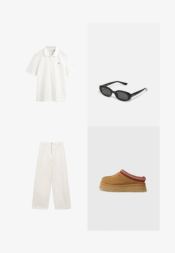 GANT SLIM FIT - Piké - eggshell; Vida byxor i off-white bomullstyg. Har en framzipper och två sidofickor. Slät textur och avslappnad passform.; Bruna mockasin i mocka med röd och gräddfärgad mönstrad trim, texturerad sula och UGG-logotyp på sidan. Har en lätt plattformshöjd.; Svarta solglasögon med ovala linser, glansigt plastbåge och smala armar. Har Ray-Ban-logotypen i vitt på sidan.; Röd läderaxelväska med en rundad design, slät yta och dragkedjestängning. Den har ett tunt handtag för bärande.
