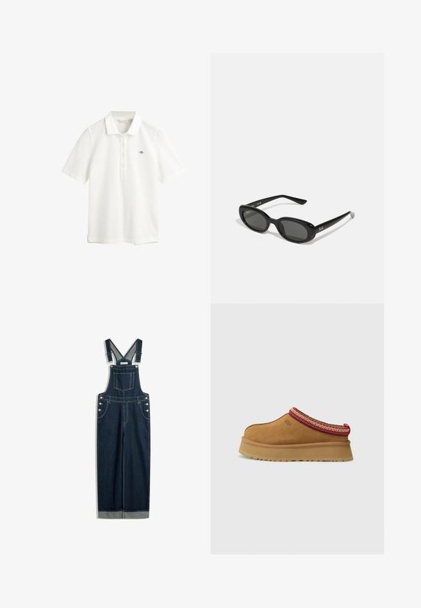 GANT SLIM FIT - Poloshirt - eggshell; Dunkelblaue Denim-Latzhose mit verstellbaren Trägern, einer Vordertasche, seitlichen Knöpfen und einem weiten Beinprofil mit umgeschlagenem Saum.; Braune Wildleder-Slipper mit rot-creamfarbenem gemusterten Besatz, strukturiertem Absatz und UGG-Logo an der Seite. Verfügt über eine leichte Plattformhöhe.; Schwarze Sonnenbrille mit ovalen Gläsern, glänzendem Kunststoffrahmen und schlanken Bügeln. Mit Ray-Ban-Logo in Weiß an der Seite.; Roter Schal mit weißen Punkten und einem gemusterten Rand. Aus leichtem Stoff gefertigt, mit einer gebundenen Gestaltung und spitzen Enden.