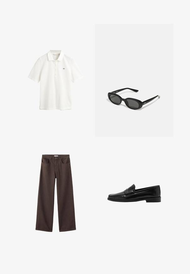 GANT SLIM FIT - Pikeepaita - eggshell; Lepakan farku bulu rộng màu nâu đậm, có túi phía trước, thắt lưng tiêu chuẩn và thiết kế năm túi cổ điển. Kết cấu mềm mại, chắc chắn.; Mango Loaferit/pistokkaat - black; Mustat aurinkolasit, joissa on soikeat linssit, kiiltävä muovikehys ja kapeat varret. Sivussa on valkoinen Ray-Ban-logo.; Musta nahkainen käsilaukku, jossa on jämäkkä muoto, sileä pinta ja yksi olkahihna. Sisältää hienovaraisen, pyöristetyn läppädesignin.