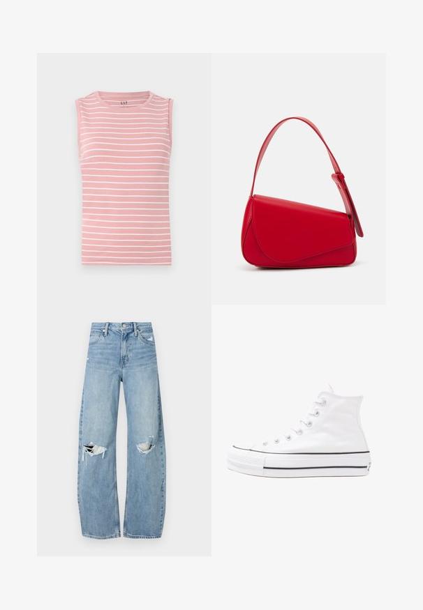 Sleeveless pink top with horizontal white stripes, round neckline, and soft cotton material. Simple design, no additional accents.; Light blue, high-waisted jeans made of denim. Feature wide legs, two torn knee areas, and classic five-pocket styling.; White high-top canvas sneaker with black rubber sole, front rubber toe cap, and six eyelets for laces, featuring a clean, minimalist design.; Red leather handbag with an angular, geometric design. Features a single adjustable strap and a flap closure with stitched detailing.