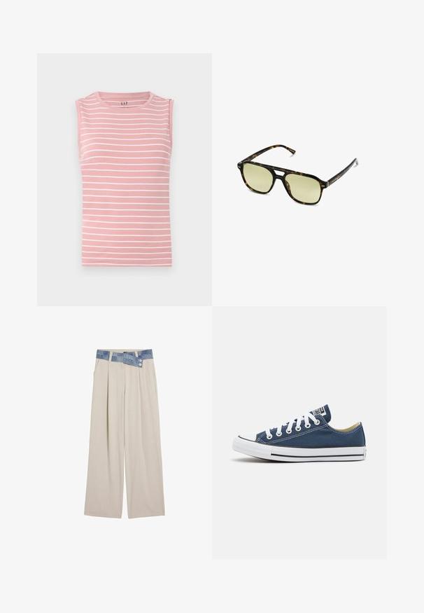 Sleeveless pink top with horizontal white stripes, round neckline, and soft cotton material. Simple design, no additional accents.; Light beige wide-leg trousers with a denim waistband featuring two buttons and pleated front details. Smooth texture and relaxed fit.; Canvas sneaker in navy blue with white eyelets and laces, featuring a white rubber toe cap and a black stripe along the sole.; Tortoiseshell sunglasses with a rectangular shape, green-tinted lenses, and patterned acetate frames. Features metal accents near the lenses.