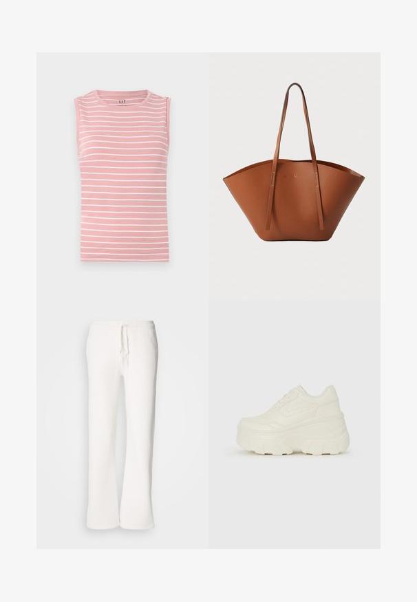 Sleeveless pink top with horizontal white stripes, round neckline, and soft cotton material. Simple design, no additional accents.; White, relaxed-fit sweatpants made of soft fabric, featuring an elastic waistband with a drawstring and straight-leg design.; White platform sneakers featuring a smooth leather-like upper, rounded shape, padded collar, and textured rubber sole with defined treads.; Brown leather tote bag with a wide, structured shape, thin handles, and a textured finish. Features minimalistic design with no visible hardware.