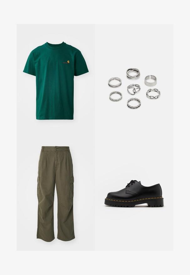 Green cotton t-shirt with a crew neckline and short sleeves. Features a small, contrasting logo in orange and red on the left chest.; Cargo pants in olive green, made of cotton, with a wide leg design, pleats, and side pockets for utility.; Black leather lace-up shoe with a rounded toe, textured rubber sole, and yellow stitching around the base. Flat design and smooth finish.; Set of seven silver rings featuring various designs, including twisted, linked, and engraved patterns. Different shapes and widths.