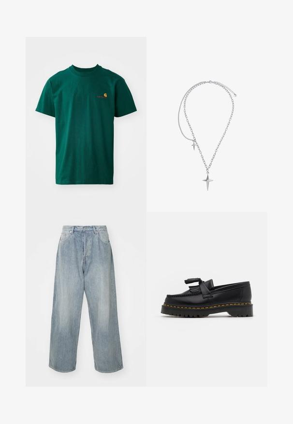 Camiseta de algodón verde con cuello redondo y mangas cortas. Presenta un pequeño logotipo en naranja y rojo en el lado izquierdo del pecho.; Jeans de mezclilla azul claro con un corte holgado, cintura alta, cinco bolsillos y costuras en contraste. Presentan un diseño de pierna recta y dobladillos limpios.; Mocasín de cuero negro con un acento de borlas, que presenta una suela gruesa negra y costuras amarillas a lo largo del borde. Acabado texturizado.; Heideman LUCA - Collar - silberfarben poliert