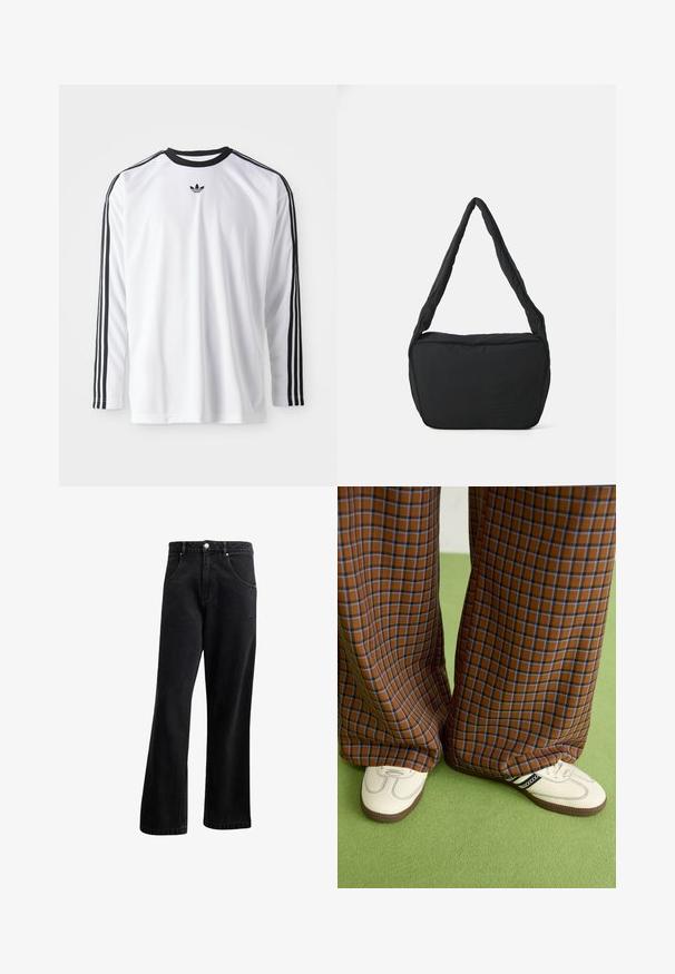 Camisa de manga longa branca, feita de tecido macio, com detalhes em preto, apresentando três riscas pretas nas mangas e um pequeno logotipo preto.; Jeans de ganga preta com um design de perna reta, apresentando bolsos frontais, fecho de botão e uma leve textura. Inclui um detalhe de logótipo discreto.; Calças largas em padrão xadrez castanho e azul, combinadas com sapatos brancos com detalhes pretos e solas texturizadas, contra um fundo verde.; Saco preto de ombro com uma textura almofadada, uma forma arredondada e uma alça larga, apresentando um logótipo em relevo na parte da frente.