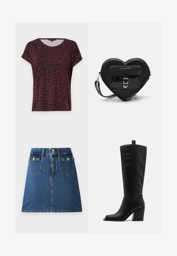 Burgunderfarvet t-shirt med sort leopardprint, rund halsudskæring, korte ærmer, afslappet pasform, blød stofstruktur, minimale syninger.; Denim nederdel i dyb blå, med en tætsiddende talje, to forlommer, to baglommer og sølvfarvede knaplukninger.; Sorte læderknæhøje støvler med en firkantet tå, en afsmalnet hæl og en lodret sømdetalje langs den ydre skaft. Glat tekstur.; Sort hjertetask lavet af patentlæder med en frontlomme, der har en spænde-lukning og en aftagelig rem. Sølv hardware accenter.