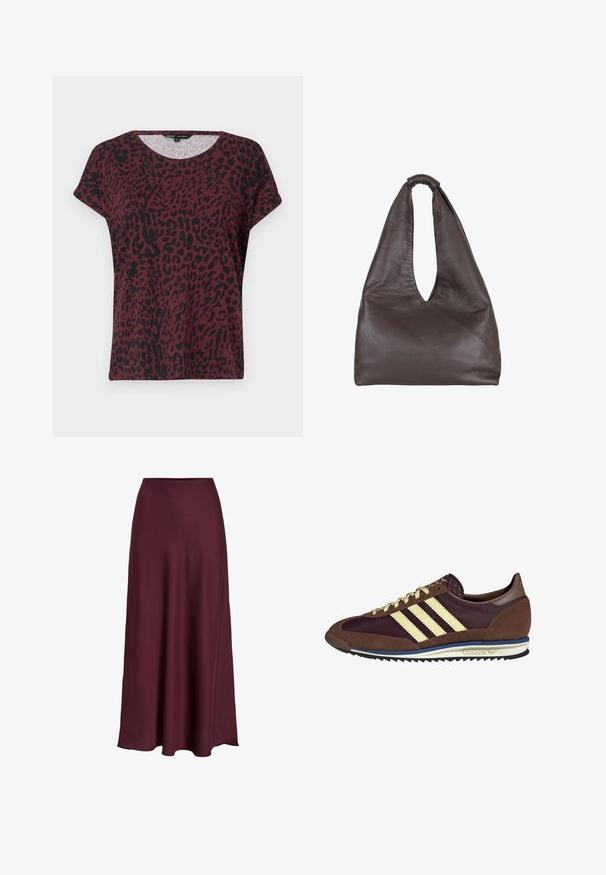 Burgundy t-shirt with black leopard print, round neckline, short sleeves, relaxed fit, soft fabric texture, minimal stitching details.; Burgundy satin maxi skirt with a smooth texture, high waist, and a flowing silhouette that flares out gently towards the hemline.; Brown and burgundy sneaker with suede and mesh materials, featuring three cream stripes, textured fabric on the tongue, and a rubber sole.; Brown leather bag with a slouchy, oversized design. Features a loop handle and a deep V-cut opening for easy access. Soft texture, minimalist style.