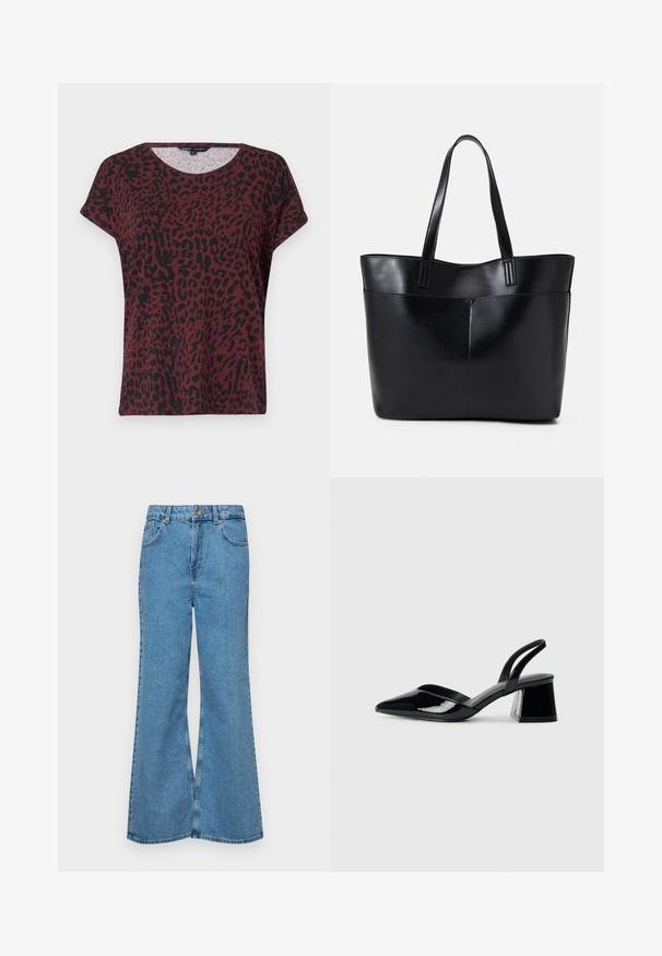 Burgundy t-shirt med svart leopardtryck, rund halsringning, korta ärmar, avslappnad passform, mjuk tygstruktur, minimala sömnadsdetaljer.; Ljust blå vida jeans i denim, med hög midja, fem fickor och en enda knappstängning. Mjuk textur med blekt finish.; Svarta lackläder slingback klackar med spetsig tå och geometrisk klack. Har en elegant, minimalistisk design och slät yta.; Svart läder tote-väska med två långa handtag, en slät yta och en strukturerad form. Har en framficka för extra förvaring.