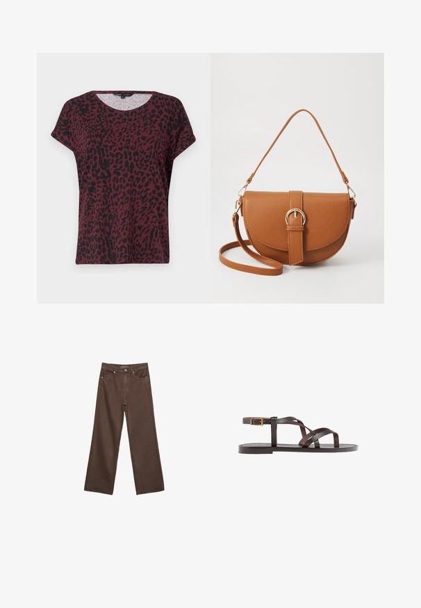 Bordeauxfarbenes T-Shirt mit schwarzem Leopardenmuster, runder Ausschnitt, kurze Ärmel, lockere Passform, weicher Stoff, minimale Nähdetails.; Weite braune Jeans aus Denim, mit hoher Taille, Fronttaschen und klassischem Knopfverschluss. Glatte Textur mit feinen Nähten.; Braune Leder-Sandale mit überkreuzten Riemen, einem Knöchelriemen mit Schnalle und einer flachen Sohle mit minimalen Nähdetails.; Braune Leder-Crossbody-Tasche mit geschwungener Form, goldfarbenen Beschlägen und einer Schnallenakzentuierung. Verfügt über einen abnehmbaren Schultergurt.