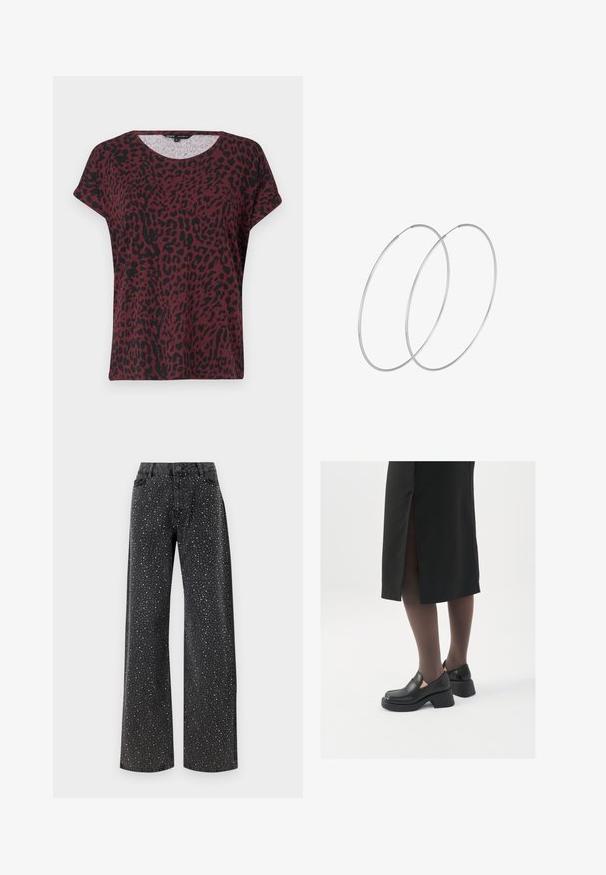Bordeauxfarbenes T-Shirt mit schwarzem Leopardenmuster, runder Ausschnitt, kurze Ärmel, lockere Passform, weicher Stoff, minimale Nähdetails.; Noisy May NMJANNEL LOOSE - Jeans Relaxed Fit - black denim; Schwarze Lederschuhe mit abgerundetem Zeh, dicker Blockabsatz und elastischen seitlichen Akzenten, kombiniert mit dunklen Strumpfhosen und einem schwarzen Rock mit Schlitz.; Silberne Creolen mit minimalistischem Design. Rundform, glatte Oberfläche und dünnes Profil. Leichtgewichtig mit hochglänzender Oberfläche.