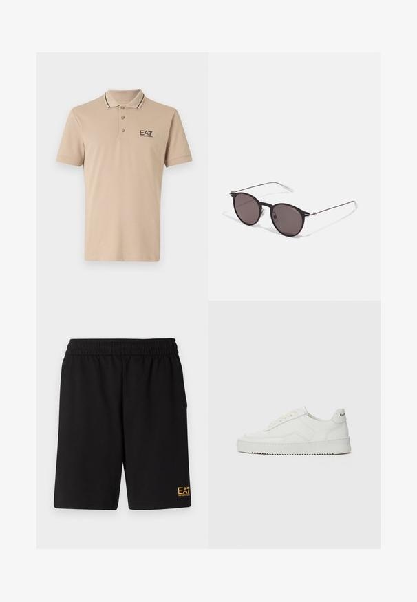 Beżowa koszulka polo z bawełny, z czarnym ściągaczem, trzema guzikami i logo EA7. Gładka struktura, z krótkimi rękawami.; Czarne sportowe szorty wykonane z miękkiego materiału, z elastycznym paskiem w talii oraz małym, żółtym logo EA7 na dolnej lewej nodze.; Białe skórzane sneakersy o gładkim wykończeniu, okrągłym nosku, płaskich sznurówkach i teksturowanej podeszwie. Charakteryzują się delikatnym logo na pięcie.; Czarne okrągłe okulary przeciwsłoneczne z ciemnymi soczewkami i smukłymi metalowymi ramkami. Zawierają przezroczyste końcówki zauszników oraz srebrne akcenty przy zawiasie. Minimalistyczny design.