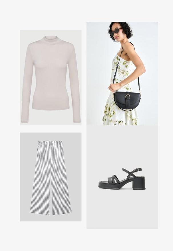 Helles beige Langarm-Turtleneck-Oberteil aus weichem, dehnbarem Material. Figurbetontes Design mit gerippter Textur und standardmäßigen Bündchen.; Weite Hosen aus leichtem Stoff mit vertikalen Schwarz-Weiß-Streifen und einem elastischen Bund für zusätzlichen Komfort.; Schwarze Absatzsandalen mit mehreren schmalen Riemen und einer runden Zehenpartie. Der Absatz hat eine blockartige Form und eine glatte Textur. Verstellbarer Schnallenverschluss.; Schwarze Lederhandtasche mit geschwungener Form, abnehmbarem Tragegurt und goldenen Beschlägen. Die Tasche verfügt über einen Deckel mit einer Schnallen-Details.