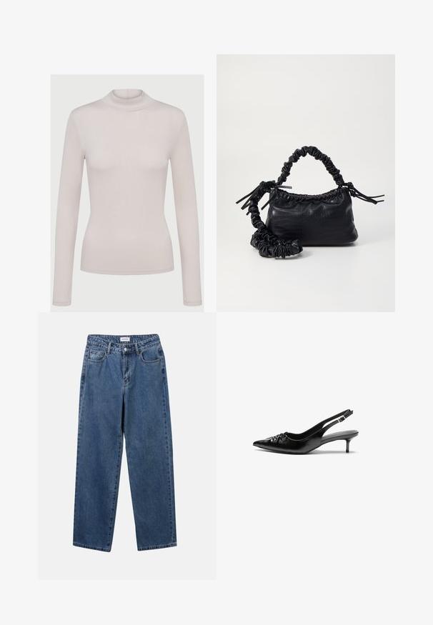Light beige long-sleeve turtleneck top made from a soft, stretchy material. Fitted design with a ribbed texture and standard cuffs.; Classic blue denim jeans with a straight-leg design, five pockets, and a button closure. Features a medium wash and sturdy texture.; Black leather slingback heels with a pointed toe, small kitten heel, and a decorative knot detail on the front. Smooth texture throughout.; Black faux leather handbag with a crocodile texture, cinched top, and a scrunched strap. Appears soft and compact in design.