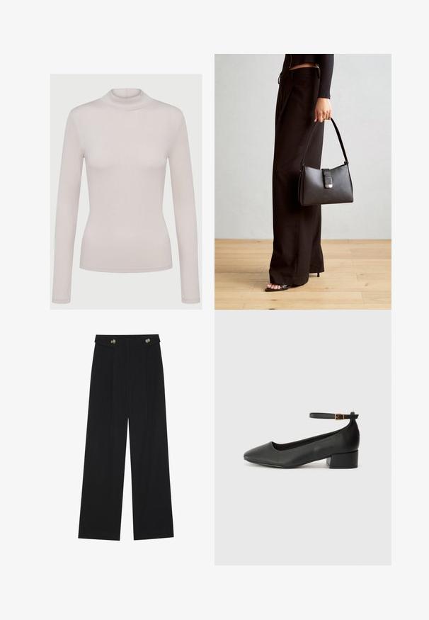 Helles beige Langarm-Turtleneck-Oberteil aus weichem, dehnbarem Material. Figurbetontes Design mit gerippter Textur und standardmäßigen Bündchen.; Schwarze weite Hosen mit hoher Taille, Knopfdetails am Bund und vorderen Falten.; Schwarze Lederpumps mit spitzem Zehenbereich und niedrigem Blockabsatz. Mit einem Knöchelriemen und einer goldfarbenen Schnalle. Glatte Textur.; Schwarze Handtasche mit strukturierter Form, glatter Textur und einem metallischen Verschluss. Kombiniert mit weiten schwarzen Hosen und offenen Sandalen auf einem Holzboden.