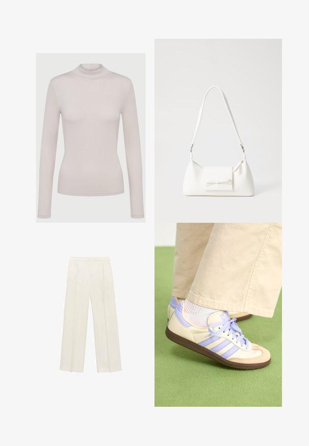 Maglione a maniche lunghe color beige chiaro, realizzato in un materiale morbido e elastico. Design aderente con texture a costine e polsini standard.; Pantaloni a gamba larga di un leggero colore crema. Realizzati in un tessuto morbido con pieghe sul davanti e tasche laterali.; Sneakers crema e lavanda con tre strisce e suola marrone texturizzata, dotati di lacci e tallone imbottito. Parte superiore in tessuto morbido.; Borsa sintetica bianca a forma triangolare, con patta anteriore piatta e dettaglio a fiocco, tracolla regolabile, texture liscia e design minimalista.