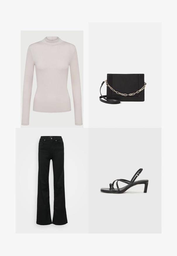 Šviesiai bežinis, ilgas rankovėmis, turtleneck tipo marškinėliai, pagaminti iš minkštos, tamprios medžiagos. Tinkantis dizainas su raukšlėta tekstūra ir standartinėmis rankogaliais.; Juodos plačios džinsinės kelnės, pagamintos iš denimo, su aukštu liemeniu, penkiomis kišenėmis ir metaliniu sagčių uždarymu. Lygi tekstūra su minimaliu dekoravimu.; Juodi šlepetės su kvadratiniu pirštu ir žemu bloku kulnu. Yra keli ploni dirželiai ir reguliuojamas kulkšnies diržas. Pagaminti iš lygios odos.; Juodas odinis per petį nešiojamas krepšys turi lygų paviršių, stačiakampio formą ir metalinę grandinėlę priekyje. Pridedama reguliuojama dirželis.