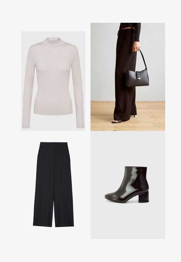 Helles beige Langarm-Turtleneck-Oberteil aus weichem, dehnbarem Material. Figurbetontes Design mit gerippter Textur und standardmäßigen Bündchen.; Weite Hosen aus dunkelblauem Stoff mit einer glatten Textur, Vorderfalten und dekorativen goldfarbenen Ösen an den Seitentaschen.; Schwarze Lackleder-Stiefeletten mit spitzer Zehe und einem klobigen Absatz. Glatte Textur mit einem dezenten Glanz und klaren Linien, minimalistisches Design.; Schwarze Handtasche mit strukturierter Form, glatter Textur und einem metallischen Verschluss. Kombiniert mit weiten schwarzen Hosen und offenen Sandalen auf einem Holzboden.