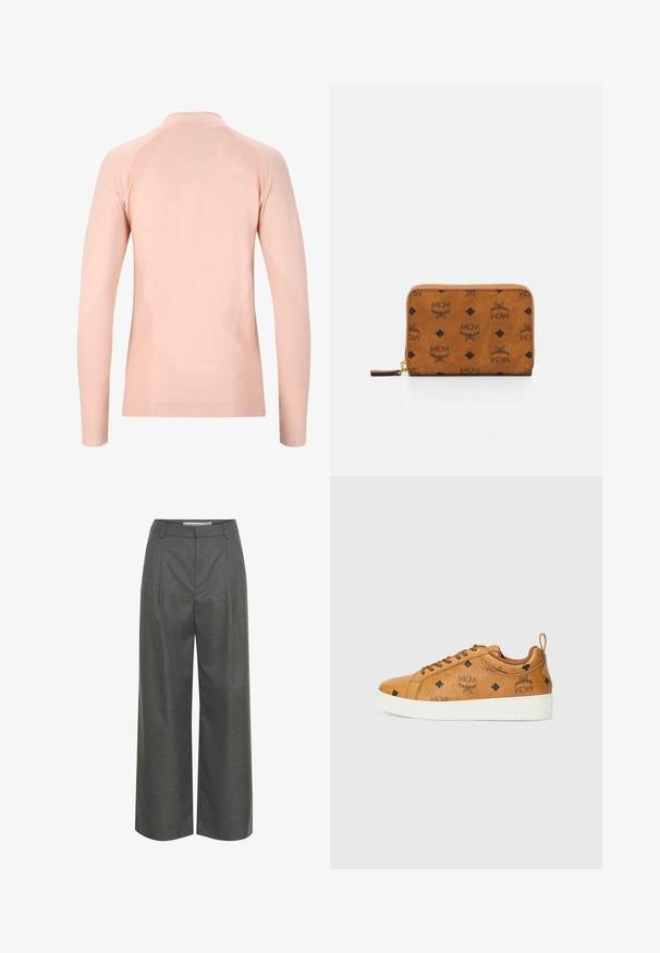 Endurance HALEN SEAMLESS - Pitkähihainen paita - peach whip; Lyhythihainen valkoinen t-paita, jossa on ruskeita kuvioita hartioilla ja pieni hopeinen logo edessä.; Harmaat leveälahkeiset housut, jotka on valmistettu tekstuuri-kankaasta. Housuissa on korkea vyötärö ja etupleatit, eikä näkyviä taskuja tai metallisia yksityiskohtia.; Ruske nahkakengät valkoisilla kumipohjilla, joissa on mustia timanttikuvioita ja MCM-logot sivuilla. Mukana nauhat ja takana oleva lenkki.; Ruskea nahkalompakko vetoketjulla, jossa on mustia MCM-logoja ja timanttikoristeita sileäpintaisella pinnalla.