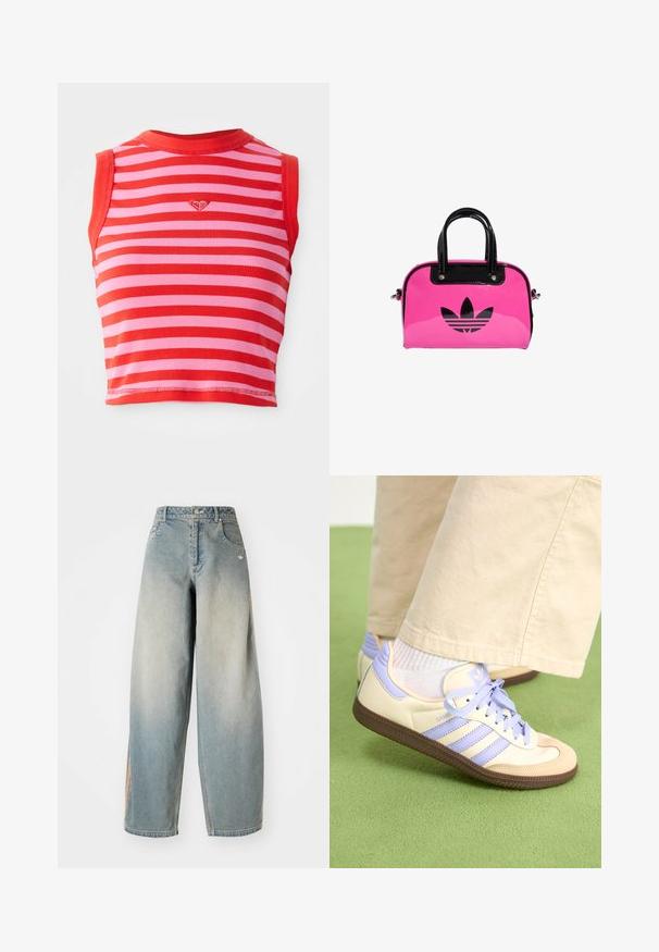 Crvena i ružičasta prugasta kratka majica s rebrastom teksturom, koja ima okrugli izrez i mali izvezeni detalj srca u središtu.; Svijetloplave traper široke hlače s izblijedjelim završetkom. Imaju prednje džepove, kopčanje na gumb i suptilan logo na pojasu.; Kremasto-ljubičaste tenisice s tri pruge i strukturiranim smeškim potplatom, s vezicama i podstavljenim petom. Mekana gornja tkanina.; Roze patentna torbica sa crnim logotipom i drškama, sa zaobljenim oblikom i zatvaranjem na patentni zatvarač. Sjajna tekstura poboljšava vidljivost.