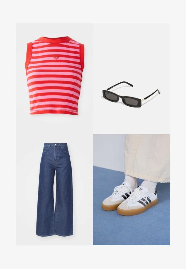 Rood en roze gestreepte crop top met een geribbelde textuur, voorzien van een ronde halslijn en een klein geborduurd hartdetail in het midden.; Wijd-uitlopende jeans van donkerblauwe denim. Hoge taille met een ritssluiting en knoopsluiting. Bevat klassieke vijf-pocket styling en gezoomde randen.; Witte sneakers met zwarte strepen en beige suède accenten. Voorzien van een gestructureerde gumzool en platte witte veters, gedragen met lichtgekleurde sokken.; Zwarte rechthoekige zonnebril met donkere lenzen, glanzende plastic monturen en gouden accenten op de slapen. Minimalistisch ontwerp en elegante vorm.