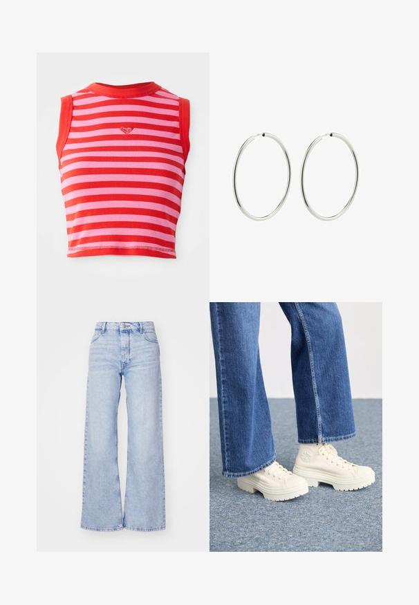 Röd och rosa randig kort topp med ribbad struktur, med rund halsringning och en liten broderad hjärtdetalj i mitten.; Roxy MILLA - Wide leg - glacier; Vita högklackade sneakers med tjocka, räfflade sulor och cirkulär logotypdetalj, bärs med ljusblå, vida denimjeans.; Silver hoops med en smidig, polerad yta. Cirkulär form, konsekvent bredd, designade för enkel knäppning. Enkla och eleganta.