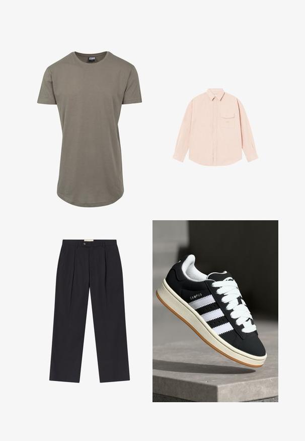 Olivengrønn T-skjorte laget av myk bomull, med rund hals og korte ermer, samt en lengre, buet søm for en avslappet passform.; Lys rosa langermet skjorte laget av mykt stoff, med knapping på kragen, frontlomme og subtilt brodert logo på brystet.; Skraddersydde mørkeblå bukser med høy midje, to frontplisser, knapplukking og rette ben i glatt stoff.; Svart joggesko med hvite striper, snøring, teksturert overdel og gummisåle. Har "CAMPUS"-logo på siden og gummisåle i brunfarge.