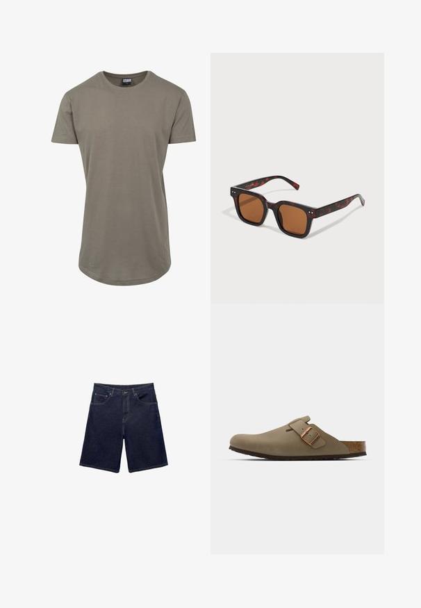 Olivově zelené tričko vyrobené z měkké bavlny, s kulatým výstřihem a krátkým rukávem, s delším zakřiveným lemem pro uvolněný střih.; Džínové šortky v tmavě modré barvě, s klasickým střihem, pěti kapsami a kontrastním prošitím. Hladká textura s pevným pásem.; Hnědé dřeváky s hladkým matným povrchem. Na boku mají výraznou bronzovou sponu. Korek a gumová podrážka pro pohodlí.; Želvovinové sluneční brýle s robustním čtvercovým rámečkem, hnědými čočkami a jemnými stříbrnými akcenty na spáncích. Hladký plastový povrch.