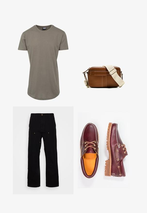 Olivno zelena majica iz mehke bavne, z okroglem izrezom in kratkimi rokavi, dolga ukrivljena obsodba pa omogoča sproščen fit.; Črne denim hlače s ravnim krojem, ki vključujejo zlate kovinske dodatke in vidne šive na sprednjih in zadnjih žepih.; Burgundske usnjene čevlje z rjavimi gumijastimi podplati, okrogla kapica, beli šivi in zlate luknje za vezalke. Notranjost je obložena s rumeno podlogo.; Rjav usnjen torbica preko telesa z belim šivanjem, pravokotne oblike, z zadrgo in bež nastavljivim trakom. Ima dve sprednji žepki.