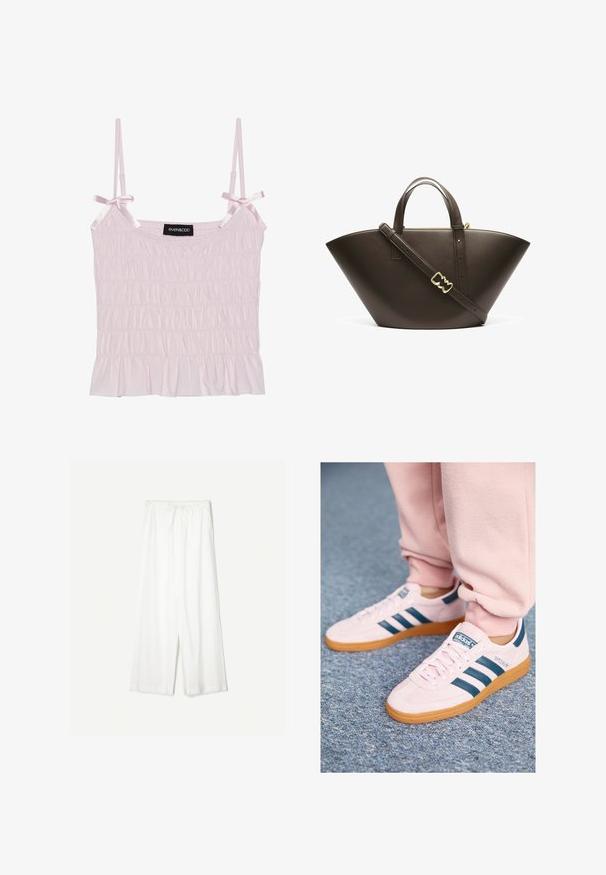 Vaaleanpunaista sävyä oleva toppi, jossa on säädettävät satiinivedokset ja ryppyinen pinta. Toppissa on röyhelöhelma ja brändilogo keskellä.; Valkoiset leveät housut, joissa on nauhavyötärö, esiteltyinä yksinkertaista taustaa vasten, korostaen niiden rentoa tyyliä ja kankaan rakennetta.; Vaaleanpunaiset mokka-tossut, joissa on tummansiniset nahkaviitat ja kumipohja. Ominaisuuksiin kuuluvat litteät nauhat sekä brändäys sivuilla ja kielessä.; Ruskea nahkainen olkalaukku, jossa on ainutlaatuinen kulmikas muoto. Varustettu kaksilla kahvoilla ja irrotettavalla olkahihnalla, korostettuna kultaisilla yksityiskohdilla.