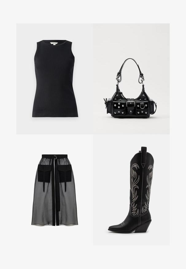 Zwarte mouwloze top van ribstof, met een ronde halslijn en een getailleerde pasvorm, voorzien van een gladde textuur en een nette zoom.; Zwarte doorschijnende rok met een verzameld tailleband, voorzien van twee grote voorzakken, een tailleband met strik en een ronde metalen accent.; Zwarte leren cowboylaarzen met spitse neuzen, wiggenhakken en zilver geborduurde bloemmotieven langs de schacht. Contrasterende stiksels overal.; Zwarte lederen handtas met een gebogen ontwerp, voorzien van zilveren studs, een gesp en twee zijvakken. Verstelbare schouderband voor verschillende draagmogelijkheden.