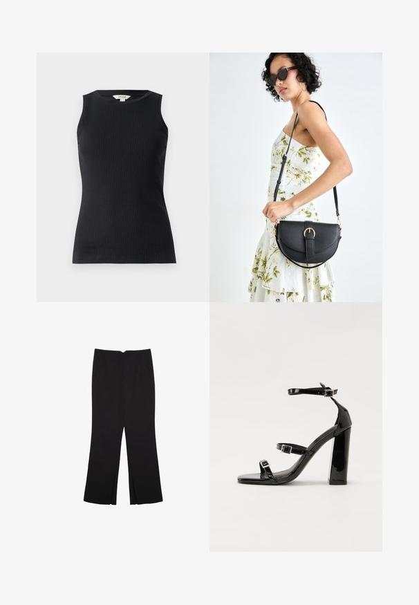 Top nero senza maniche realizzato in tessuto a coste, con scollatura rotonda e forma aderente, caratterizzato da una superficie liscia e bordo pulito.; Pantaloni neri a gamba dritta, con tasche frontali e spacchi laterali all'orlo. Realizzati in tessuto morbido e liscio. Adatti a diverse occasioni.; Sandali con tacco in vernice nera, con punta squadrata, cinturini alla caviglia e fibbie in argento. Presentano un tacco a blocco spesso per maggiore stabilità.; Borsa a tracolla nera in pelle con una forma curva, manico rimovibile e accessori dorati. La borsa presenta una patta con un dettaglio a fibbia.
