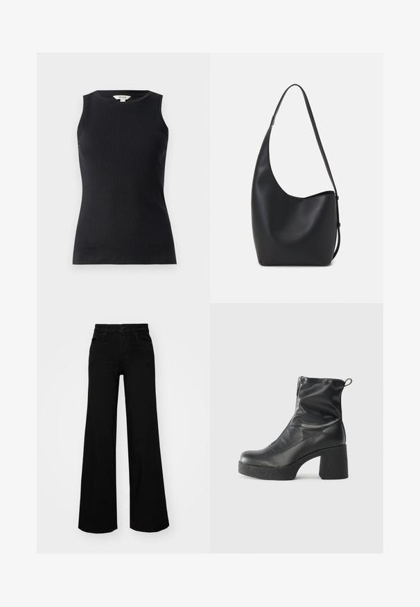 Must have ilma varrukatega must top, mis on valmistatud soonikust kangast, ümmarguse kaelusega ja sobiva lõikega, millel on sile tekstuur ja puhas ääreline.; Mustad mustad püksid, mis on valmistatud denimist, struktuurse vöökohtade, vöökootidega ja esikottidega. Sile tekstuur klassikalise disainiga.; Mustad mustad ansapüksid, mis on valmistatud siledast nahast, külje zipperiga, paksu tekstuuriga kontsaga ja ümmarguse nina disainiga.; Mustast nahast hobo kott, millel on sile tekstuur, kumer kuju ja üks reguleeritav rihm; peal on lai avaus.