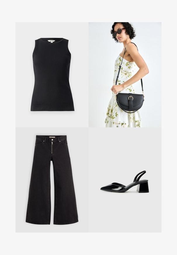 Zwarte mouwloze top van ribstof, met een ronde halslijn en een getailleerde pasvorm, voorzien van een gladde textuur en een nette zoom.; Wijdvallende jeans van zwarte denim met een ritssluiting aan de voorkant, vijf zakken en subtiele stikdetails. Soepele textuur en casual stijl.; Zwarte gepatineerde leren slingback hakken met een spitse neus en een geometrische blokhak. Kenmerkt zich door een slank, minimalistisch ontwerp en een gladde textuur.; Zwarte leren handtas met een gebogen vorm, afneembare schouderband en gouden hardware. De tas heeft een klep met een gespsluiting.; Set van twaalf creolen in zilver- en goudernormen. Bevat gedraaide, gladde en textuurontwerpen in verschillende maten en afwerkingen.