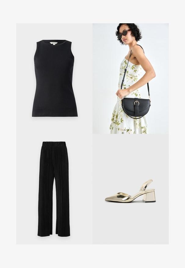 Crni bez rukava top od rebraste tkanine, s okruglim izrezom i prilagođenim oblikom, glatke teksture i ravnim rubom.; Crne plisirane hlače s elastičnim pojasom. Imaju široke nogavice i glatku, teksturiranu tkaninu s vertikalnim prugama.; Zlatni metalik slingback sandali s šiljatim vrhom i debelim potpeticama. Glatka tekstura, minimalistički dizajn i uski remen.; Crna kožna torba s lukovitim oblikom, odvojivim remenom i zlatnim detaljima. Torba ima preklop s kopčom.; Zlatne metalne naušnice s elegantnim, zakrivljenim dizajnom. Imaju karakterističan šiljast oblik, poliranu površinu i zatvaranje na šarku.