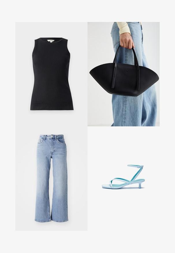 Black sleeveless top made of ribbed fabric, featuring a round neckline and a fitted shape, with a smooth texture and clean hemline.; Light blue high-waist wide-leg jeans with front and back pockets, button closure, and subtle fading on the thighs and hems.; Light blue strappy sandal with a square toe, low heel, adjustable ankle strap, and smooth, glossy finish. Crossed straps on the footbed.; Black leather handbag with a unique fan shape, featuring flat handles. The surface has a pebbled texture and a minimalistic design.