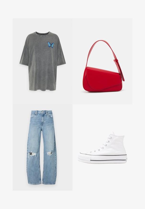 Hall hõlmav hall T-särk, mis on valmistatud puuvillast ja koos lühikeste varrukatega. Vasakul rinnal on sinine liblikamuster. Pehme, tuhmunud tekstuur.; Heledad hallideega sinised teksad, millel on kõrge talje. Teksade jalgadel on lai alus, kaks rebitud kohta põlvede ümber ning klassikaline viie tasku stiil.; Valge kõrgem kangast tenniseking, millel on must kummist tald, ees kummist varvasetugi ja kuus aukku paelte jaoks, pakkudes puhta ja minimalistliku disaini.; Punane nahast käekott, millel on nurkadega geomeetriline disain. Omab ühte reguleeritavat rihma ja klappidega sulgemist, millel on õmblustega kaunistused.