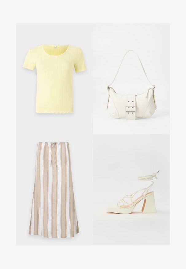 Īsām piedurknēm dzeltena blūze ar ribotu tekstūru, apaļu kakla izgriezumu un baltu loku centrā. Ar viļņotu apakšmalu.; Svītrainā svārki baltā un gaiši brūnā krāsā, ar aukliņu jostu un garu, plūstošu dizainu. Izgatavoti no viegla auduma ar brīvu piegriezumu.; Baltas augstpapēžu sandales ar masīvu papēdi, ar siksnu dizainu un potītes saistītiem elementiem. Gluda tekstūra ar platformu priekšpusē, lai nodrošinātu papildu augstumu.; Balts plecu soma ar teksturētu apdari, centrālu sprādzi un izliekta forma. Ražota ar rāvējslēdzēja aizdares abās pusēs.