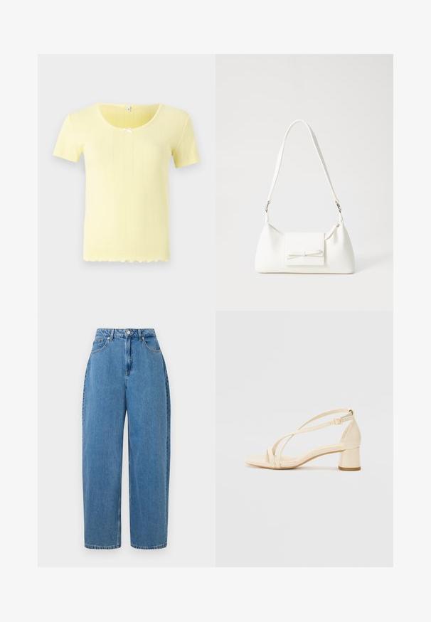 Rövid ujjú sárga felső bordás textúrával, kerek nyakkivágással és középen fehér masnival. Kerekített szegély részlet.; világoskék farmernadrág egyenes szabással, magas derékkal és elöl gombos záródással. Öt zsebbel rendelkezik és minimális varrási részletek találhatók rajta.; Krémszínű, blokk sarkú szandálok, pántos kialakítással és állítható bokapánttal, sima szintetikus anyagból, matt felülettel.; Fehér szintetikus kézitáska, háromszög alakú, lapos előlap, masni részlettel, állítható pánttal, sima textúrával és minimalista dizájnnal.