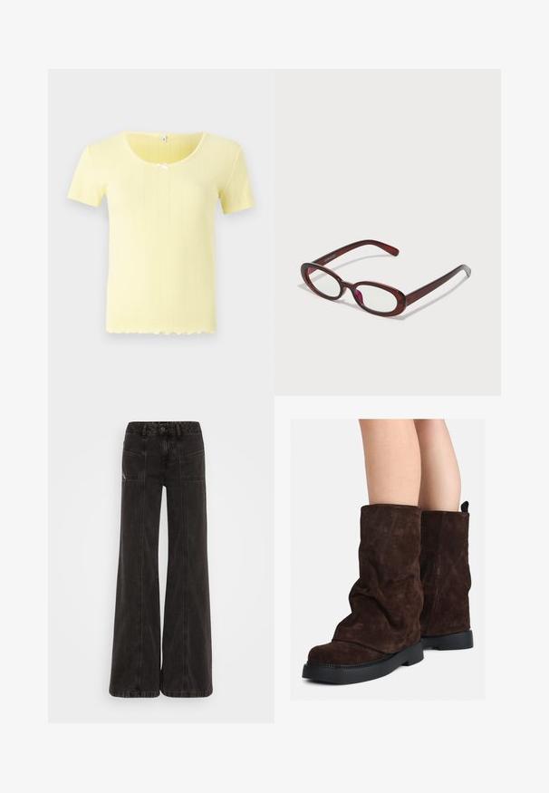 Short-sleeve yellow top with a ribbed texture, round neckline, and a white bow accent at the center. Scalloped hem detail.; Black wide-leg jeans made of denim, featuring a high waist, front pockets, and tonal stitching along the seams.; Brown suede mid-calf boots with black rubber soles worn on bare legs, showing slight wrinkling on the boot shafts.; Oval-shaped red sunglasses with clear lenses and sleek brown frames. The design features subtle curves and minimal hardware.