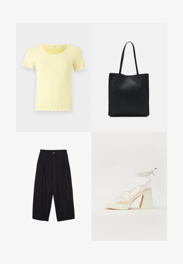 Korte mouwen gele top met een geribbelde textuur, ronde halslijn en een witte strikaccent in het midden. Schulpzoomdetail.; Zwarte polyester culottes met een elastische tailleband, twee voorkreukels en een losse pasvorm. Geen zichtbare patronen of hardware-details.; Witte hoge hakken sandaal met een chunky hak, met een bandjesontwerp en enkelband. Gladde textuur met een plateau voor extra hoogte.; Zwarte leren handtas met een gladde textuur, rechthoekige vorm en twee lange handvaten. Geen zichtbare hardware of versieringen.