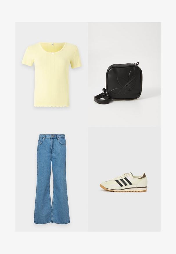Short-sleeve yellow top with a ribbed texture, round neckline, and a white bow accent at the center. Scalloped hem detail.; Light blue flared jeans made of denim, featuring a high waist, five pockets, and a single button closure. Soft texture with faded finish.; White sneaker with black stripes, leather upper, rubber sole, and tan accents. Features a classic lace-up design and textured tongue.; Black square crossbody bag made of textured synthetic material. Features an embossed logo design and adjustable strap. Zipper closure.