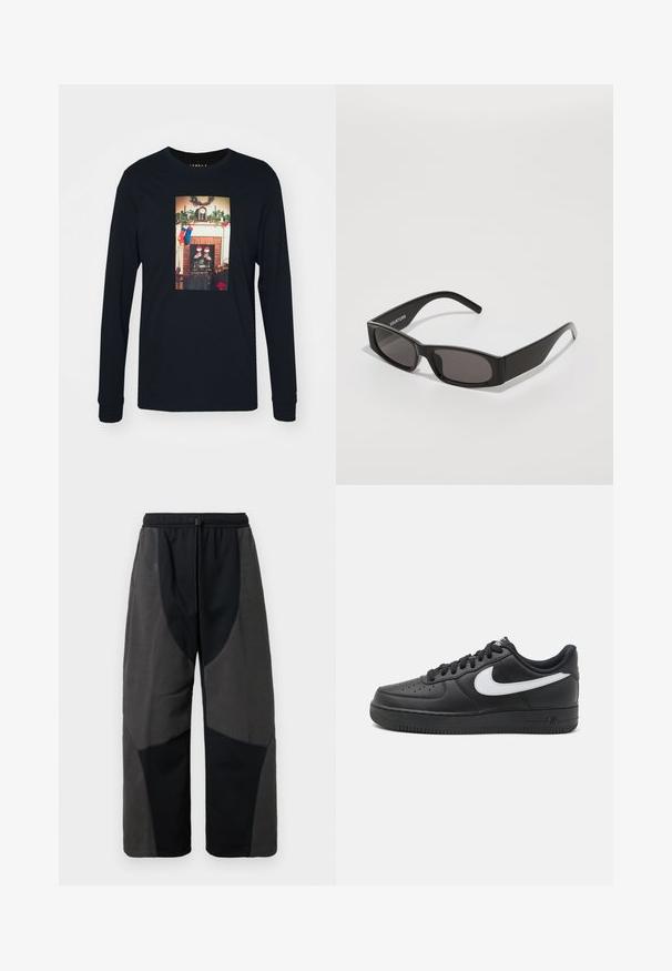 Jordan CHIMNEY CREW - Top dugih rukava - black; Crne hlače opremljene flisom, ležernog kroja, s kontrastnim tamnosivim tkaninama i podesivim pojasom s vezicom.; Crne Nike Air Force 1 tenisice s glatkom kožnom gornjom površinom, bijelim logotipom, perforiranim prstom i teksturiranom gumenom potplatom.; Crne pravokutne sunčane naočale s tamnim lećama, glatkim plastičnim okvirom i suptilnim logotipom na lijevoj dršci. Minimalistički dizajn.