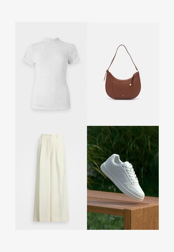 Valge pitsist topp lühikeste varrukatega ja kõrge, sakilise kohalööbega. Lillemustriga üle kogu pinda, poolläbipaistev kangas tekstuurse välimusega.; Laiad sääred valgest kangast, kõrge värviga, topeltpliiatsi ja nupuga kinnitusega. Sile tekstuur ja kohandatud disain.; Valged sneakerd, millel on sile sünteetiline ülemine osa, väikeste aukudega varvaskast, lamedad paelad ja tekstuuriga tald, eksponeeritud puidust pinnal.; Pruun faux nahast õlaline kott, millel on kaarjas kuju, minimaalne õmblemine ja kuldse tooni metallist aksessuaar. Omab ülemist tõmblukku ja reguleeritavat rihma.