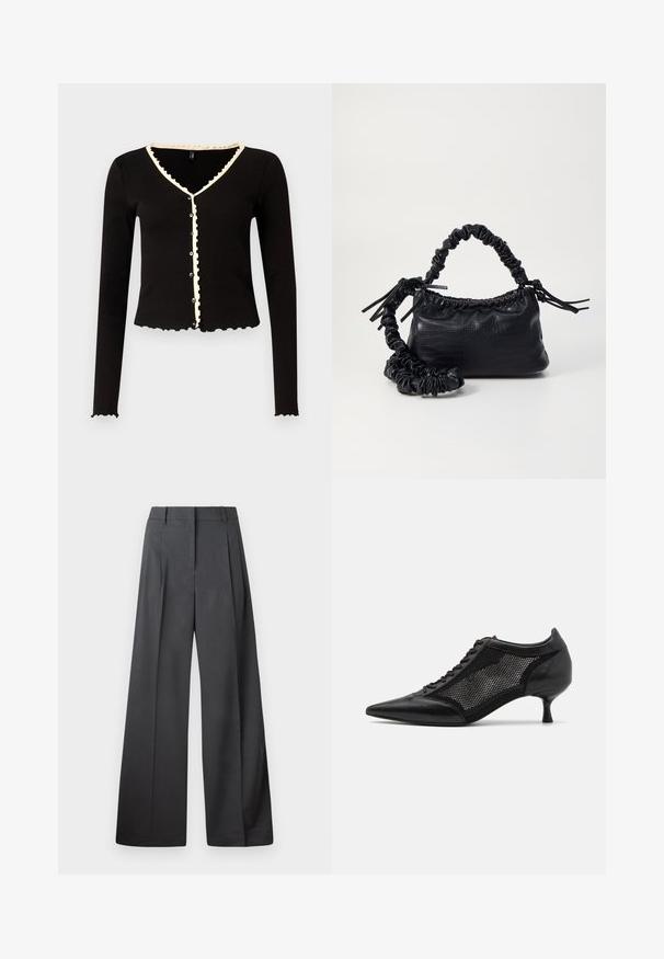 Svart ribbestrikket cardigan med lange ermer, skjellformede kanter og kremfargekant langs halslinningen og knappestolpen. Har frontknapper.; Vide bukser i mørkegrått stoff med høy livlinje, enkel press, og en glatt tekstur med en ren finish på ermekantene.; Svart spiss tå-sko med meshpaneldesign, med lav hæl og snøring foran. Laget av en kombinasjon av lær og meshmateriale.; Svart faux skinn-håndveske med krokodilletekstur, strammet topp og en rynket stropp. Ser myk og kompakt ut i designen.
